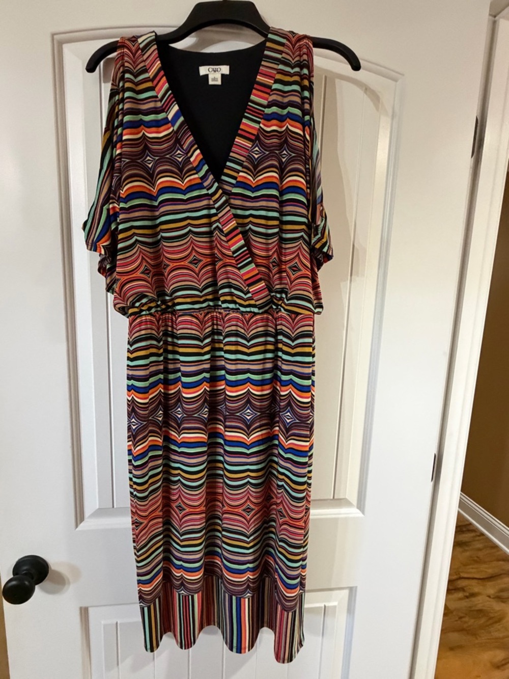 Cato Multicolor Striped Wrap-Style Midi Dress in Rainbow Hues